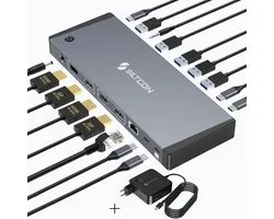 Siltcon® 17 in 1 - Hybrid Docking Station Laptop USB-C & USB-A – USB C Hub - 2x Display Link (DP) & 2x HDMI 4K 60Hz – 100W Thunderbolt 4 - RJ45 gigabit –5x USB-A 3.2 – 5x USB-C 3.2 - Plug & Play – Incl. 100W USB-C Adapter - MST Functie Mac