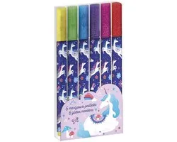 Janod Dreamland - Set de 6 marqueurs pailletés Unicorn - Écrivez, dessinez et coloriez avec style grâce à ces marqueurs Glitter Licorne - Perfect pour ajouter de la magie à vos dessins - À partir de 6 ans