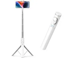 Telesin Selfiestick Statief voor telefoon - 130 cm uitschuifbaar - Auto-open functie - Inclusief Bluetooth remote en cold shoe mount - Wit