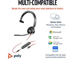 HP Poly Blackwire C3315 On Ear headset – Kabel – Mono – Zwart – Ruisonderdrukking (microfoon), Noise Cancelling Headset, Volume