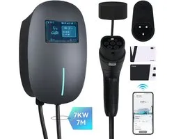 Puluomis - Wallbox EV Charger 7 kW - Borne de recharge Smartcharge avec application - Câble de 7 mètres - Type 2 - Monophasée - Réglable de 6 à 32A - Gris