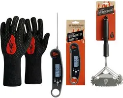 Grill Master BBQ Fast & Clean - Kit BBQ - Accessoires BBQ - Brosse métallique pour Barbecue - Thermomètre de barbecue - Gants de four - Brosses de barbecue Thermomètre à viande, 3x