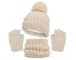 Kinder Winterset - Gebreide Muts, Sjaal, Handschoenen - Drie-in-één Winteraccessoires - Geschikt voor Kinderen 1-6 Jaar - Kerstcadeaus - Beige - Universele Maat - 3 Stuks