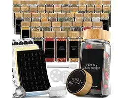 Soothe 48 Glazen Kruidenpotjes Vierkant met Bamboe Deksel – 2 Soorten Strooideksels – Kruidenstrooier – Spice Jars – Complete Set incl Kruiden Stickers, Krijtstift en Accessoires – 120ml