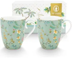 Pip Studio Set van 2 grote mokken Jolie Flowers Blue - 350ml - Groene mokken set