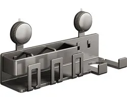 Hair Dryer Holder Wall Mounted, Universal Sucker Type Self Adhesive Hair Dryer Organizer Holder with Plug Hook & Toothbrush Holder & Cup Holder & Tool Storage for Bathroom, Salon, Grey