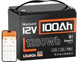 HumsiENK 12V 100Ah LiFePO4 lithiumbatterij met Bluetooth (groep 24), meer dan 15.000 diepe ontladingen, ingebouwd 100A BMS en bescherming tegen lage temperaturen, max. 1280 energie voor camper/boot/off-grid/thuis back-up