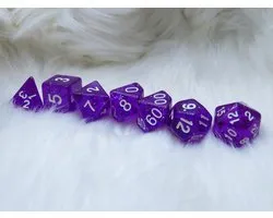 Polyset Dice | Dobbelstenen - Set Van 7 Stuks - Paars Glitters Wit Doorzichtig Transparant| Voor D&D en Andere Rollenspellen | Plastic Dobbelstenen Set voor Dungeons and Dragons | Polyhedral Dice Set | Mooie Zwarte Velvet Dice Bag voor 3 Sets