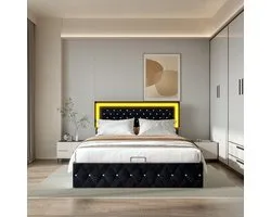 Upholstered Double Bed, 180 x 200 cm, Hydraulic Storage Bed with LED Headboard, Window Decoration, Functional Bed Frame with Storage Space and Slatted Frame, Velvet, Without Mattress (Black, 180 x 200