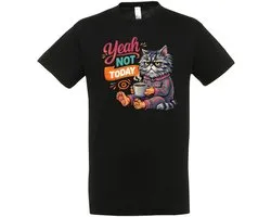 Yeah Not Today T-shirt - Kat in Pyjama met Koffie - Heren Dames Unisex - Grappig Ochtendshirt - Cadeau - Zwart - Maat L