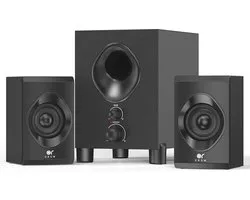 SnelShoppen - Bluetooth Computer Speakers met Subwoofer 18W, Draadloze Desktop Speakers voor PC, Laptop, Smartphone, Houten Geluidsboxen met Diepe Bas