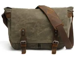 Tas – Briefcase – Heren Schoudertas – Vintage Echt Leer & Gewaxte Canvas – Voor 14" Laptop – Groen