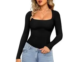 Tummy Control Shapewear Tank Top Square Neck Long Sleeve Top Slimming Body Shaper Compression Tanks for Women (Black, X-Large)