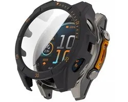 Strap-it Hard case hoesje met ingebouwde screen protector - geschikt voor de Garmin Fenix 8 - 51mm SOLAR (zwarte kleur met oranje accenten)