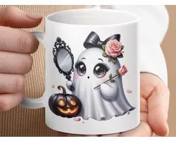 Mok Halloween Ghost Mug, Cute Spooky Mug, Ghost with Pumpkin Design, Kawaii Ghost, Spooky Season, Autumn Decor, Gift Ideas