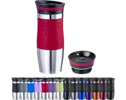 Thermosbeker 400 ml + 1 extra deksel - roestvrij staal - siliconen soft-touch greep - BPA-vrij - thermosbeker dubbelwandig - reismok - koffiemok to go, kleur: rood