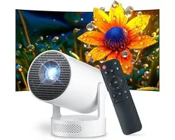 videoprojector 2026, mini-projector, ondersteunt 4K met wifi 6 en Bluetooth 5.4, Android 14, 180 graden draaibaar, 12000 lumen, geïntegreerde 5 W hifi-luidspreker, thuisbioscoop, wit