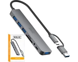 Rolio USB C Hub - 4x USB-A - Splitter - 2x SD/TF kaartlezer - 1x USB-C - 1x 3.5mm Aux - Inclusief Converter - Geschikt voor Macbook Pro / Air / Windows / Universeel