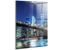 Wallfluent Glasschilderij - Brooklyn Bridge in New York 's nachts Glas Schilderij - 70x100 cm - Marine Verticale Muurschildering - Steden Foto Op Glas - Glas Foto - Foto In Glas