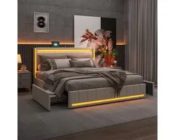 Lit rembourré 180x200 cm avec LED et USB, lit deux places avec 4 tiroirs, lits avec espace de rangement et sommier à lattes, cadre de lit avec dossier pour lit pour adolescents, sans matelas, lin beige