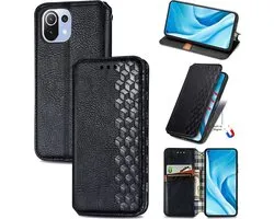 Luxe PU Lederen Ruitpatroon Wallet Case + PMMA Screenprotector voor Xiaomi 11 Lite 5G NE / Mi 11 Lite 4G/5G _ Zwart