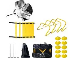 AJ-Sports Loopladder training set 4 in 1 - Agility ladder - Speedladder 6 meter + 10 Pionnen + 4 Haringen + 4 hordes + parachute + Draagtas - Trainingshoedjes - Ladder