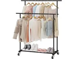 Calmootey Double Rod Clothes Rack Rolling Hanging Clothes Rack, Portable Clothes Organizer for Bedroom Living Room Clothing Store Black