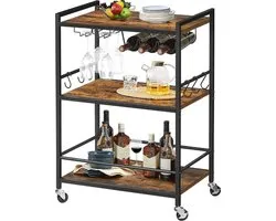 Hoppa! Chariot de service, Chariot de bar, Chariot micro-ondes, Chariot à boissons, Étagère de cuisine mobile avec casier à vin et porte-verres - Métal - Bois - 60x33x83 cm (LxPxH)