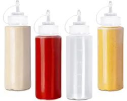 4 bouteilles à presser avec bouchon (500 ml) - Distributeur de sauce pour ketchup, sauces, huile, vinaigrettes - Geen de fuite, sans BPA