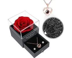 Blazelife Bloem éternelle + boîte à Bijoux + collier Hartjes rose – Cadeau rose éternelle pour femme – Cadeau d'anniversaire pour petite amie – Cadeau romantique – Demande en mariage – Amour – Saint-Valentin – Argent 925