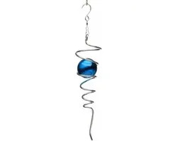Spin Art windspinner spiraal twister RVS - 26cm lang - glaskogel 50mm blauw