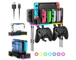 Kraftverdia™ - Support mural RVB - pour Nintendo Switch/OLED et Joycon - Station de charge LED- pour contrôleur de Switch et console - avec 4 ports USB - Organisateur de Switch pour 10 emplacements pour cartes - 2 crochets