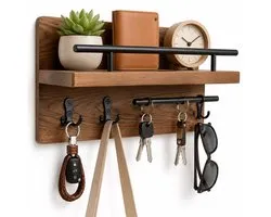 BOTC Sleutelrekje - Sleutelrek met postvak - 32x18cm - Sleutelhouder 7-Haaks met Legplank en Hangrail - Hout - Wandhaken - Zwart