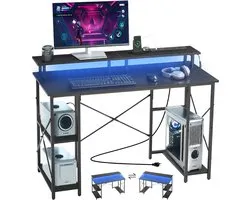 VEVOR 120 cm Computer Tafel met Slimme LED Lichten en Stroomaansluitingen, Omdraaiende Gaming Kantoortafel met Monitorstandaard en 2-Lagen Opslagplanken, Studie Werk voor Home Office, Zwart