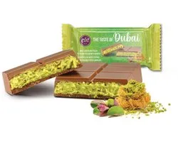 Elit Kadayif kunafah en Antep Pistachecreme Gevulde Dubai chocolade Reep 90gr - Dubai Chocolate Filled with Kadayif and Pistachio Cream 90gr