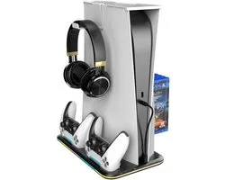 IBETTERTEC - Support de refroidissement pour PS5 avec ventilateur à 3 vitesses et éclairage RGB - Station de charge pour manettes PS5 - Support pour manettes PS5 (édition disque/ Digital) - avec porte-casque et rangement pour 6 Spellen