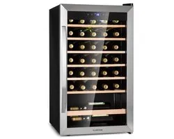 Klarstein Wijnkoelkast, Smalle Drankkoelkast, Koelkast met Glazen Deur, Vrijstaande Drankkoelkast, Kleine Wijnkoelkast, 1-zone Wijnkoelkast, LED-verlichting, 4–18 °C, 36 Flessen - 95L 51 cm - Touch Houten Schappen - voor Champagne