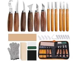 19-Delige Houtgraveerset - Complete Houtwerkgereedschapset - Whittling Starter Kit - Handgereedschap met Mes en Lepelblanks - Beginner Kit voor Kinderen en Volwassenen - DIY Houtwerk Accessoires