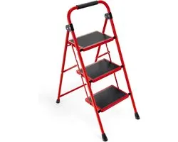 KINGRACK Stepladder 3 Steps with Handrail, Portable Folding Ladder Folding Staircase with Non-slip Feet and Wide Staircase, Light Step Stool Collapsible Stable Household Staircase for Home Kitchen Office, Red