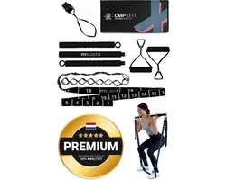 FITELASTIX® Premium Fitness Set Compleet - Full Body Workout – Thuis Sporten - Resistance Band Set - Fitness Elastiek Lang - Met Stang, Handvatten en Deuranker - Zwart