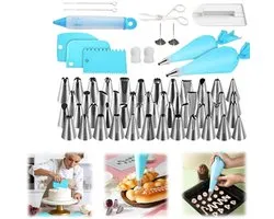 62 stuks Taartdecoratie gereedschappen - Spuitzak set - Combinatie van bakaccessoires - Herbruikbaar - 48 Roestvrij staal spuitmondjes - Taartspatel - Voor koekjes, taarten, boter, brood - Inclusief opbergdoos