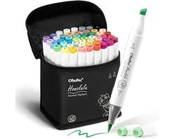 Ohuhu - Alcohol based Art markers Brush & chisel - set van 48 + Blender + zwart etui