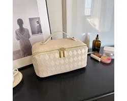 CenZ® Toilettas, Make Up Tasje, Make Up Koffer, Beautycase, Make Up Organizer, Make Up Tas, Reis Toilettas, Reistas, Toilettas Dames, Make Up Organizer, Make Up Etui, Beautycase Koffer, Cosmetica Tas, Moederdag, Valentijnsdag, VIERKANT PATROON, WIT