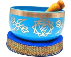 Set de bols chantants tibétains bleu ciel avec batteur et coussin en bois – Handgemaakt pour la Méditation, le Yoga, la thérapie sonore et les pratiques spirituelles | Avec autocollant Kajal
