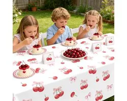 4Pcs Cherry and Bows Tablecloth Rectangle Cherry Birthday Decorations for Girls Women Bday Wedding Bridal Shower Baby Shower Party Supplies,220x130cm,White