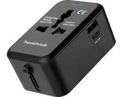 TravelHawk Universele Wereldstekker met USB-C en USB Poort - Reisstekker - USB stekker - Internationale Reisstekker voor 150+ landen - Amerika (USA) - Engeland (UK) - Australië - Azië - Zuid Amerika - Afrika - Wereldstekkers - Zwart