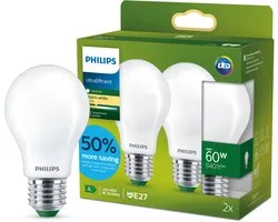 Philips Ultra Efficient LED lamp Mat - 60 W - E27 - Warmwit licht - 2-pack - Bespaar op energiekosten