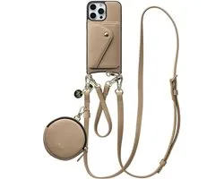 AVY Leren Hoesje geschikt voor Apple iPhone 16 Pro Max | Met Koord, Wallet en Pouch | Compatibel met MagSafe | Leather Case met 30CM & 130CM Koord | Leather Set | Beige