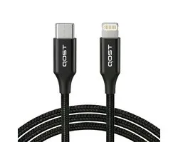 Qost - Câble USB-C vers Lightning - Chargeur rapide - 480 Mbit/s - 30 W - 2 mètres - Zwart - Compatible avec iPhone 14 / 14 Pro / 14 Pro Max / 13 / 12 / 11 / XR / X / 8