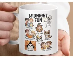 Mok, Midnight Fun Mug, Halloween Storytime, Glow Paws Kitten, Peekaboo Ghost, Kids Story Mug, Popcorn Pumpkin, Moon Cat Mug, Star Stickers